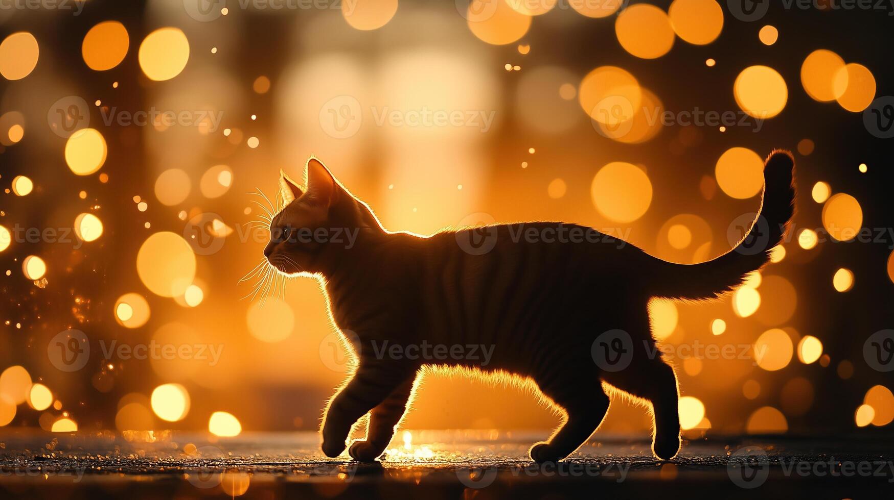 A silhouette of a cat walking against a background of bokeh lights photo