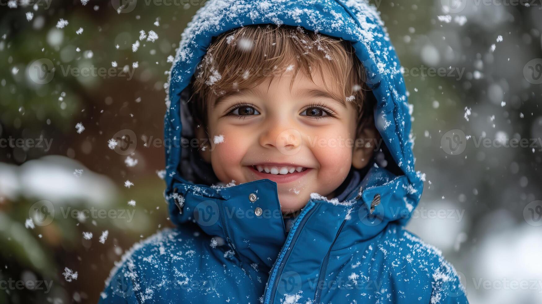 Boy toddler enjoying the first snow in winter coat, happy and smiling photo