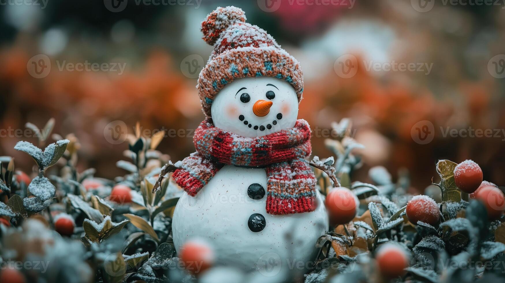 Cheerful snowman in winter garden photo background