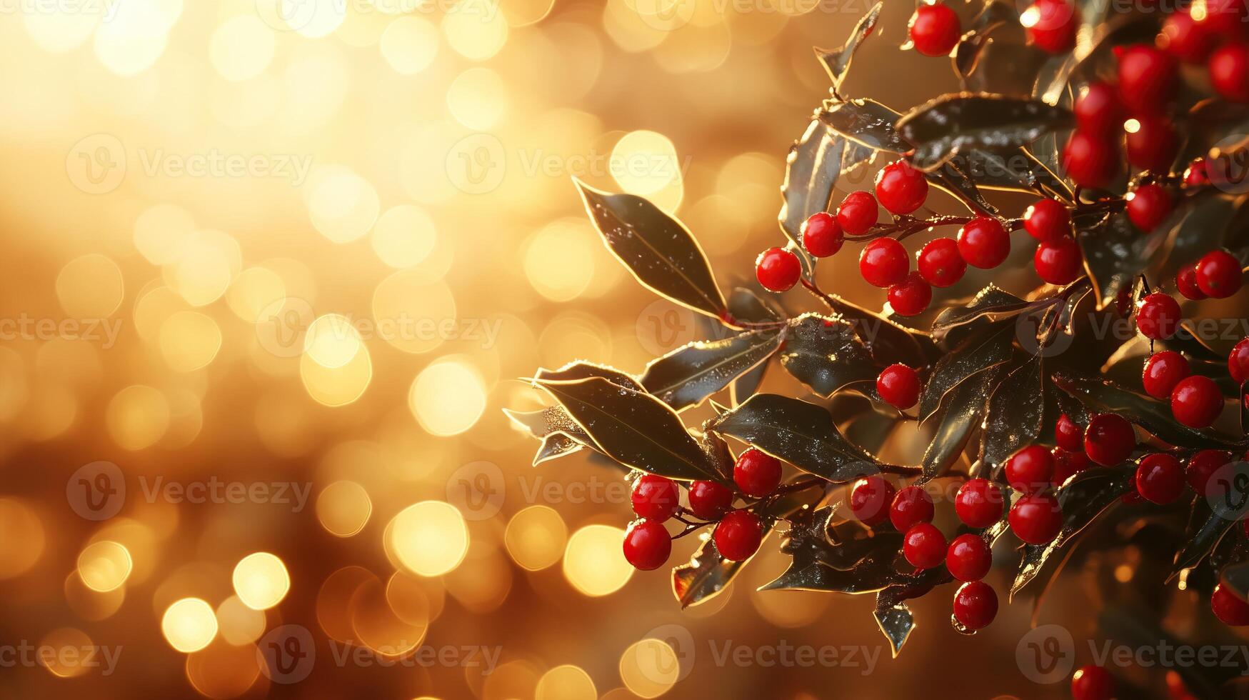Holly leaves and red berries with golden bokeh background photo