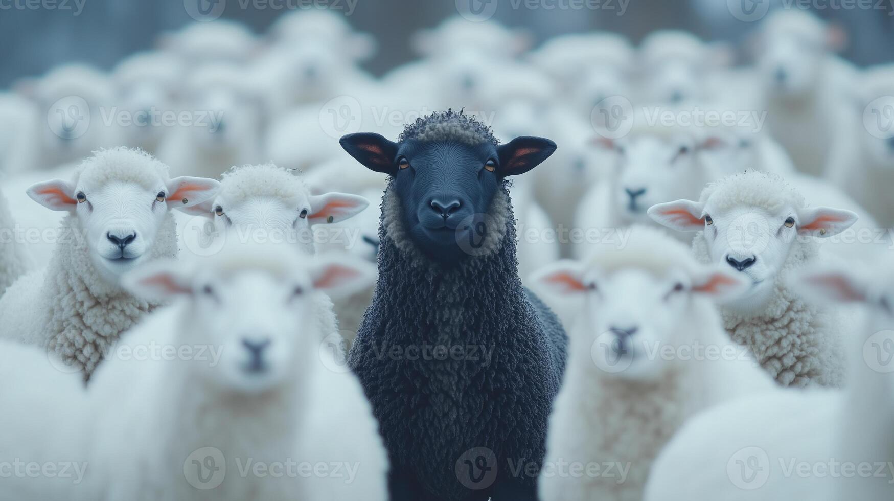Image of a black sheep standing out among a group of white sheep photo