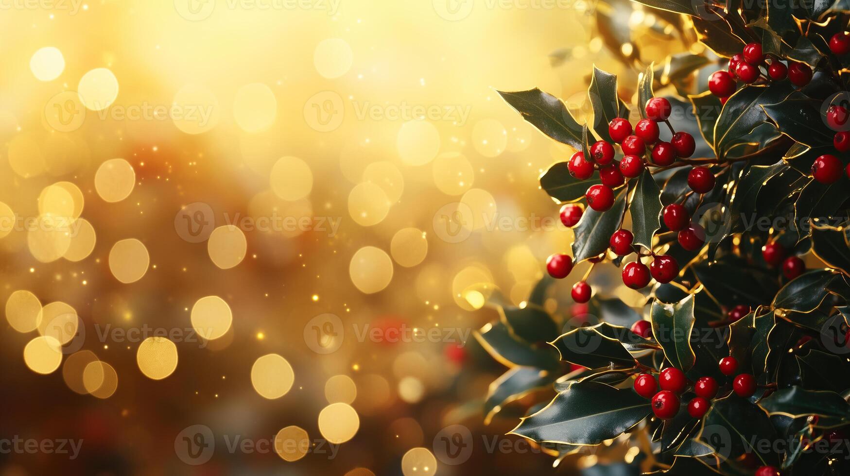 Holly leaves and red berries with golden bokeh background photo