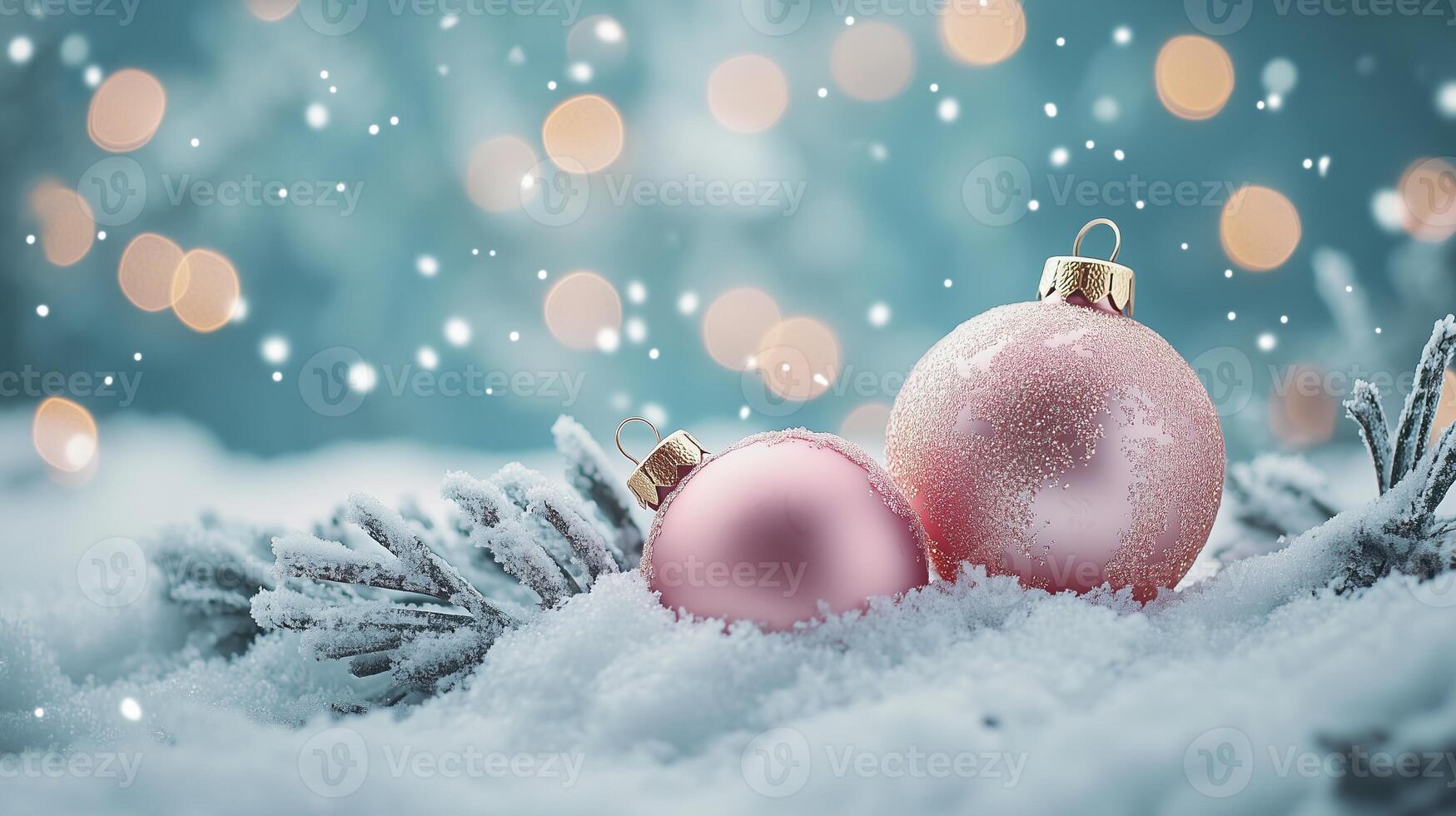 Pink baubles resting in snow with a snow-covered branch and bokeh lights photo