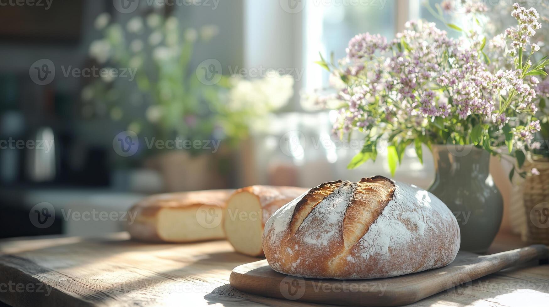 Rustic Table Setting with Flowers and Artisan Bread in Sunlit Interior photo