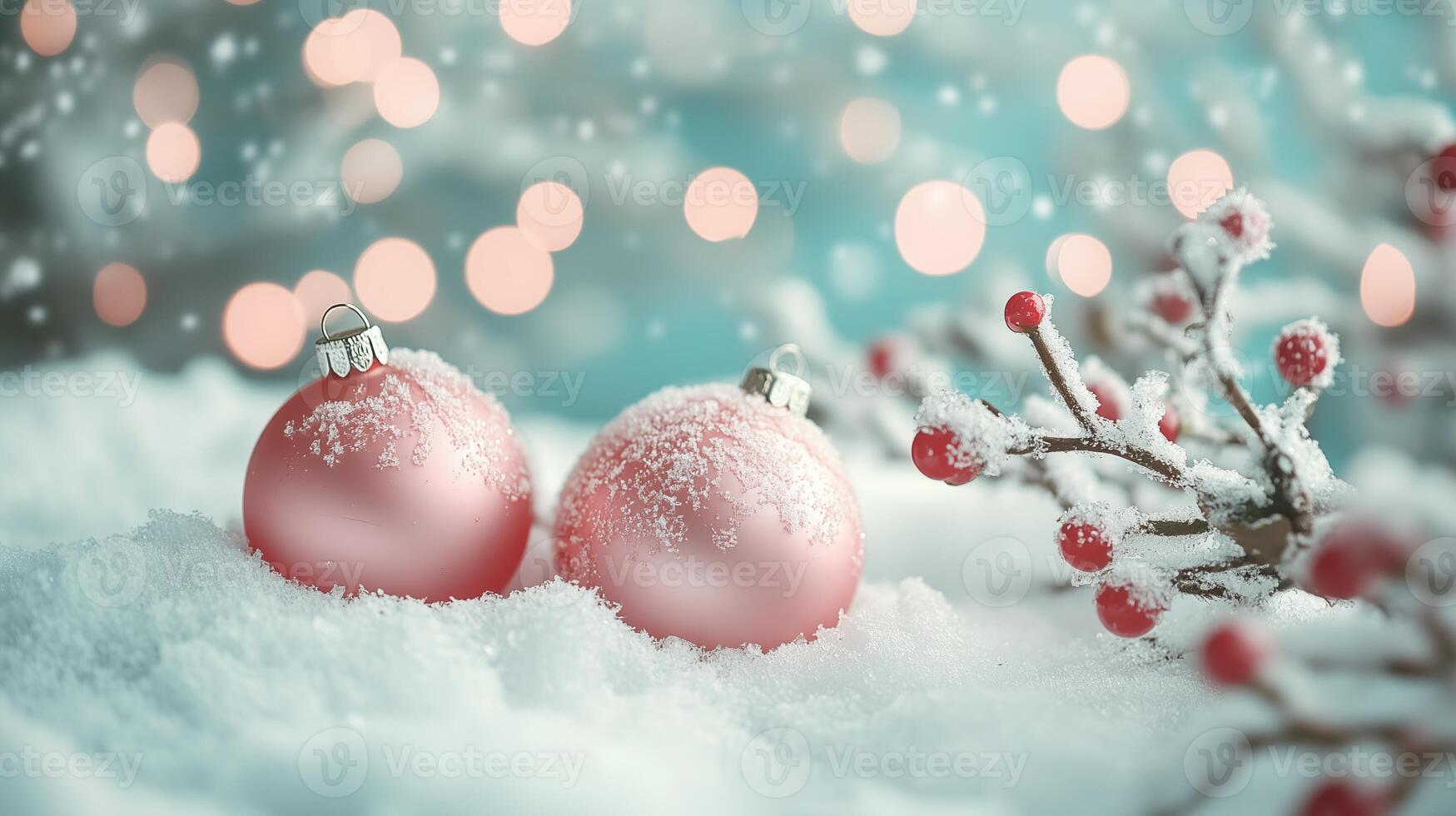 Pink baubles resting in snow with a snow-covered branch and bokeh lights photo