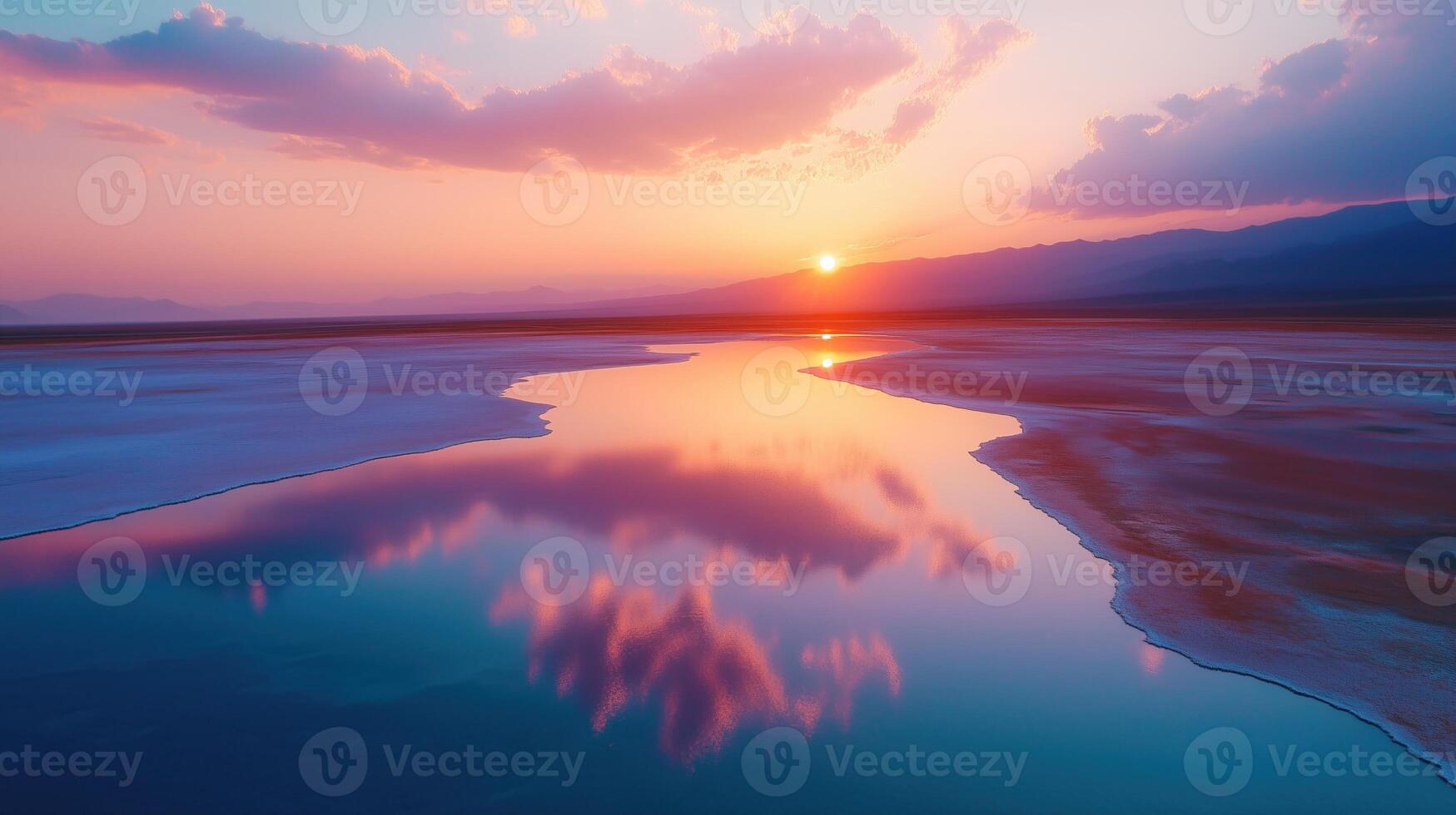 Salt Flats and Pools at Sunset with Pink and Blue Reflections in Water photo