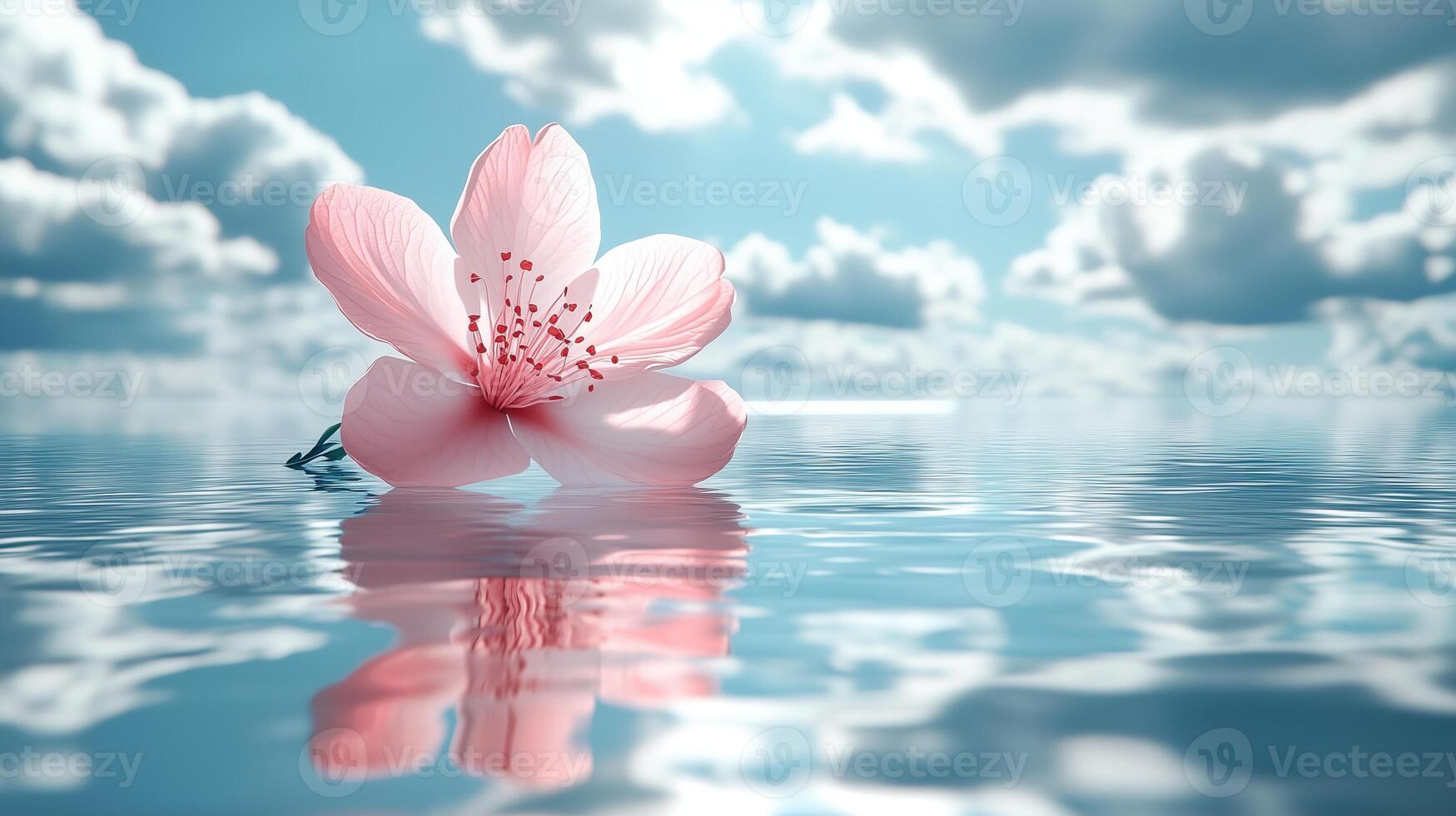 Surreal 3D Blossom Floating in Cloudy Sky Reflection photo