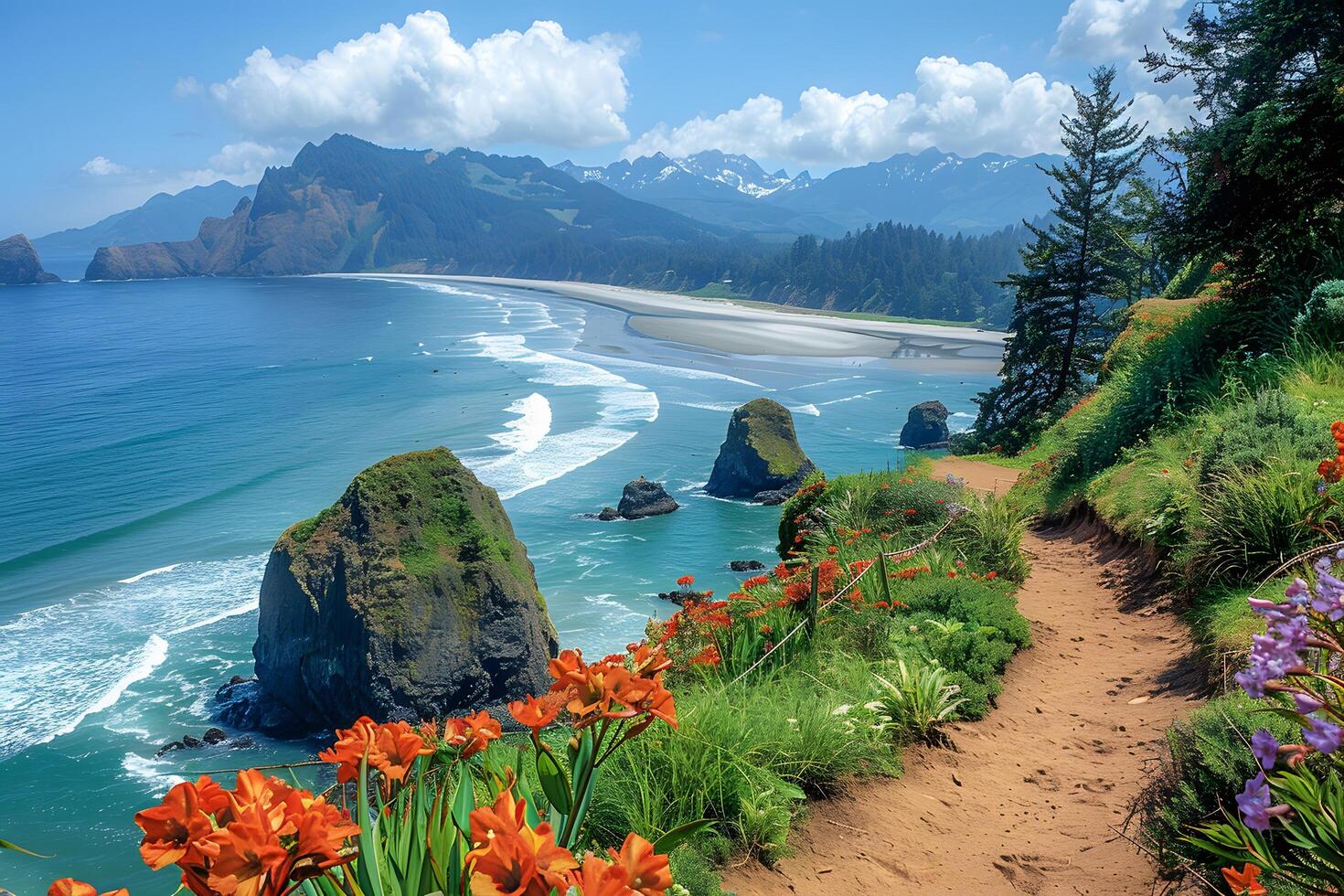 Scenic Coastal Pathway with Vibrant Flowers and Majestic Ocean Views photo