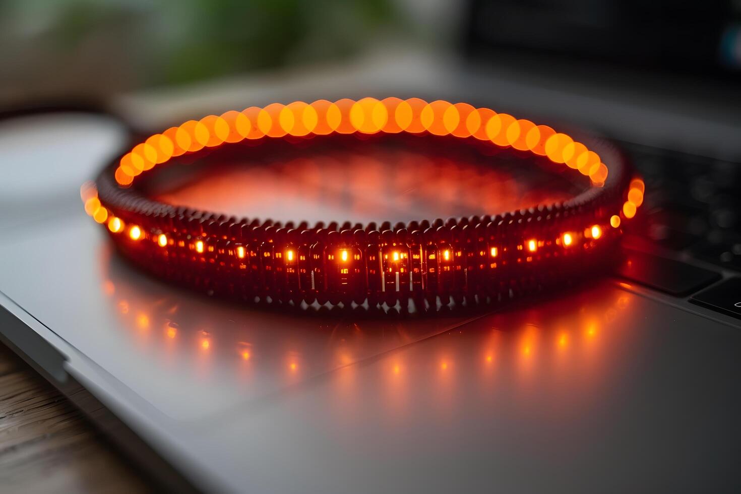 Futuristic Glowing LED Ring on Laptop for Technology Design Concept photo