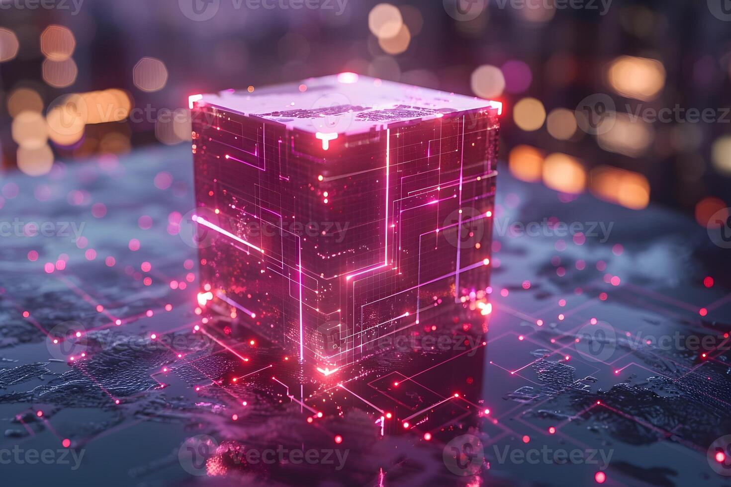 Futuristic Technology Concept Glowing Digital Cube in Cyber Environment photo
