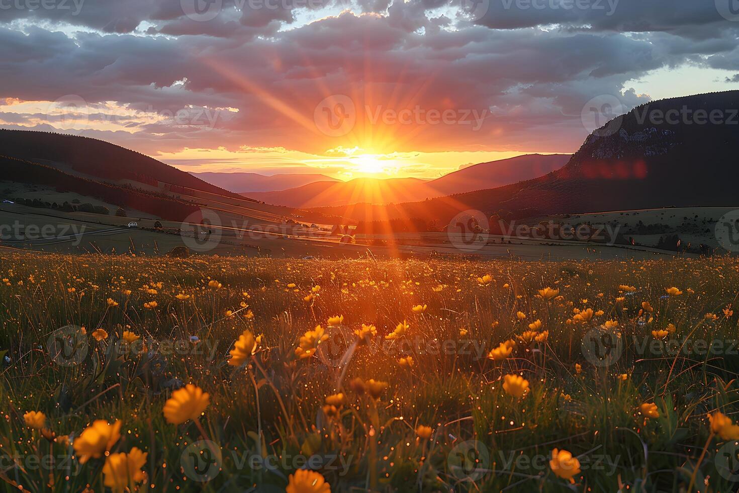 Sunset Radiance Over Mountain Landscape with Vibrant Wildflowers photo
