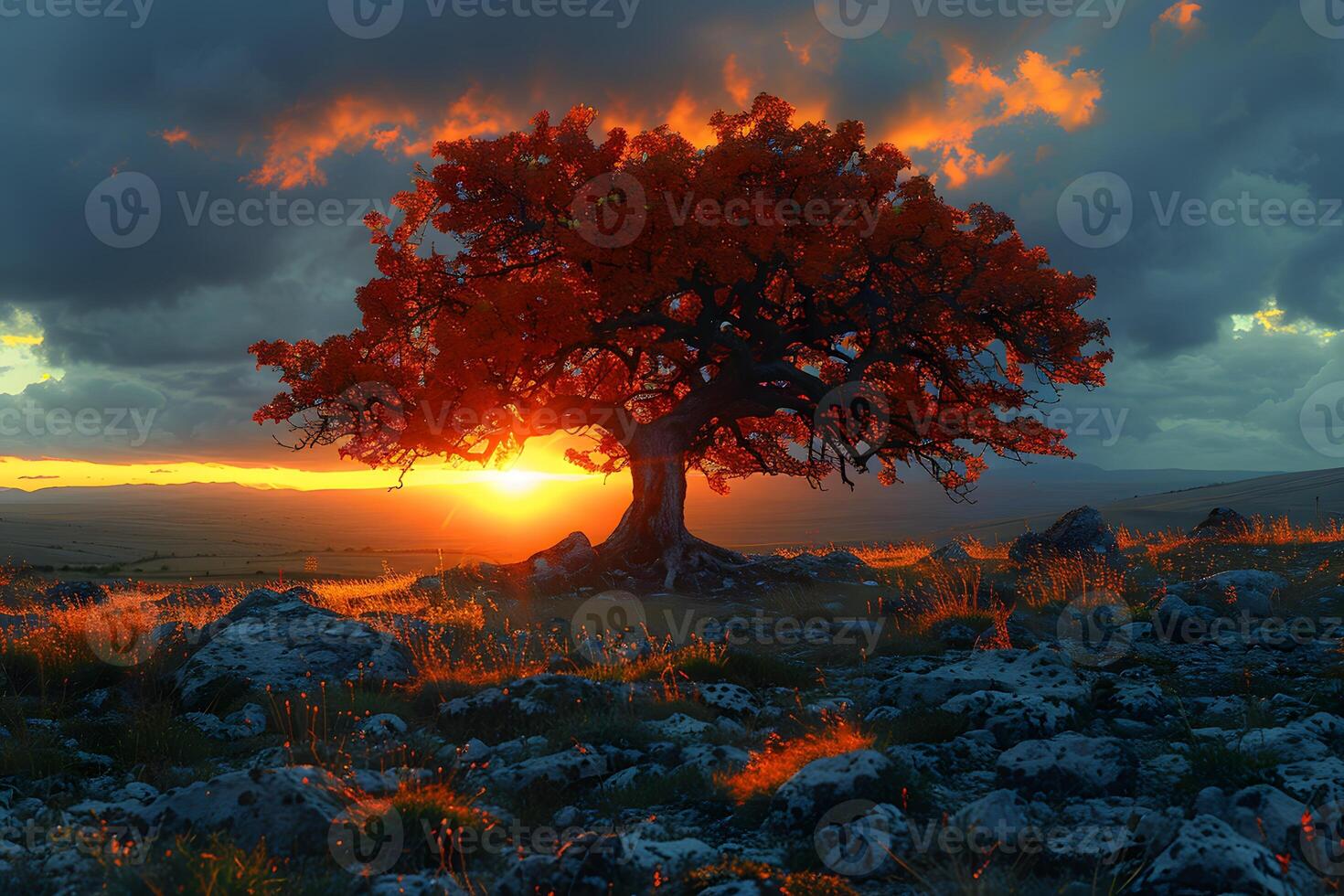 Majestic Lone Oak Tree at Sunset in a Rocky Landscape for Nature Photography photo