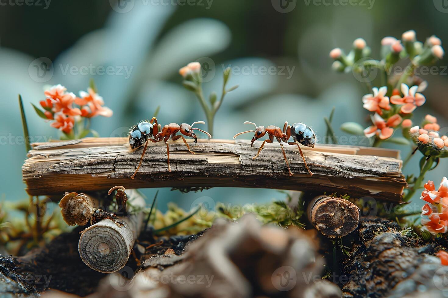 Nature's Bridge Two Ants on a Wooden Pathway Amidst Blooming Spring Flowers photo
