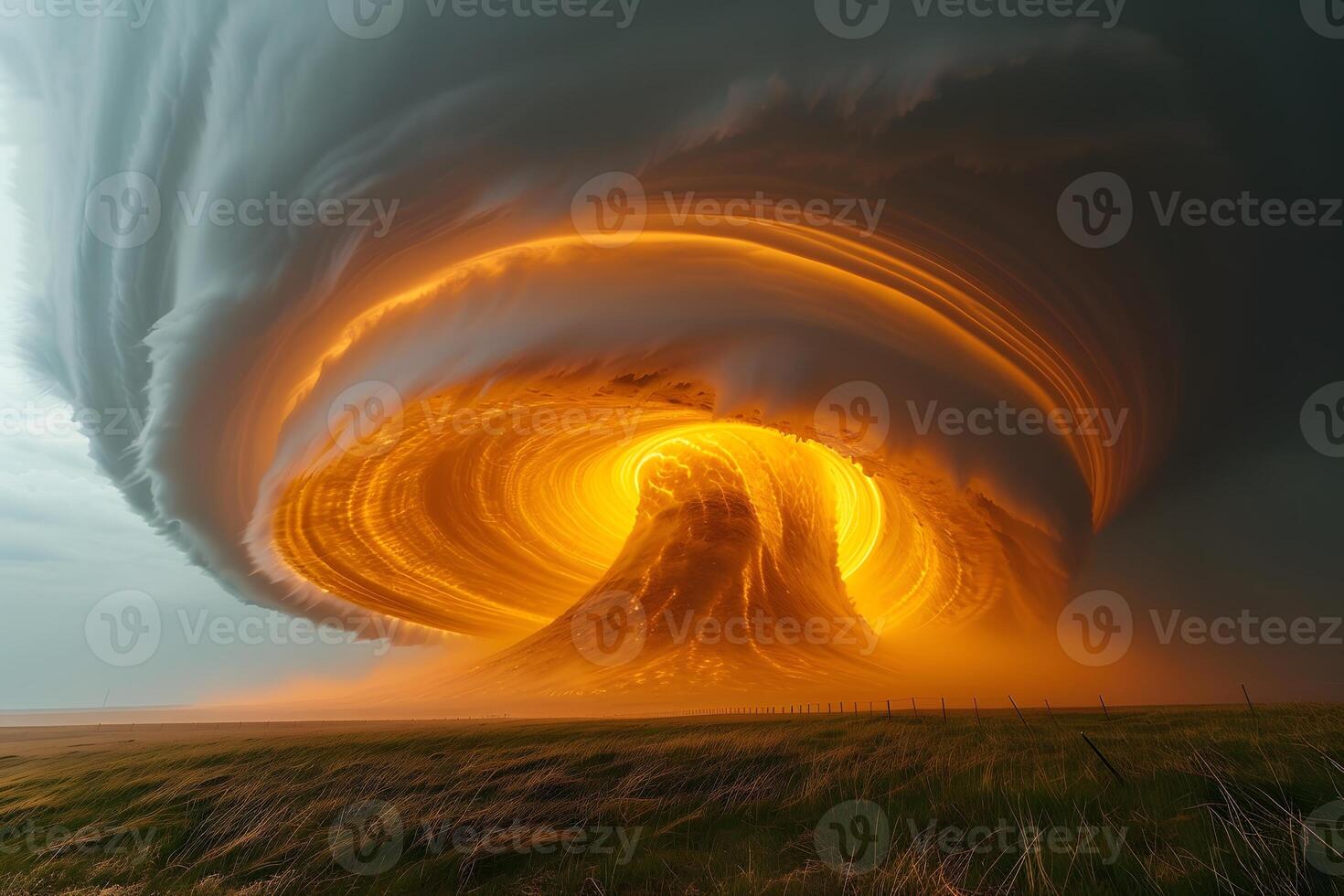 Majestic Tornado at Sunset Over Rolling Grassy Plains - Stormy Weather Concept for Nature Photography photo