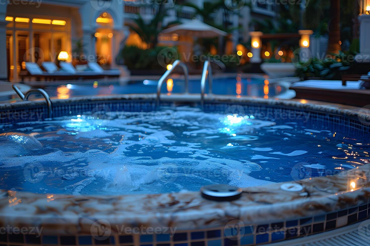 Luxurious Spa Jacuzzi at Night with Glowing Lights in a Tropical Resort photo