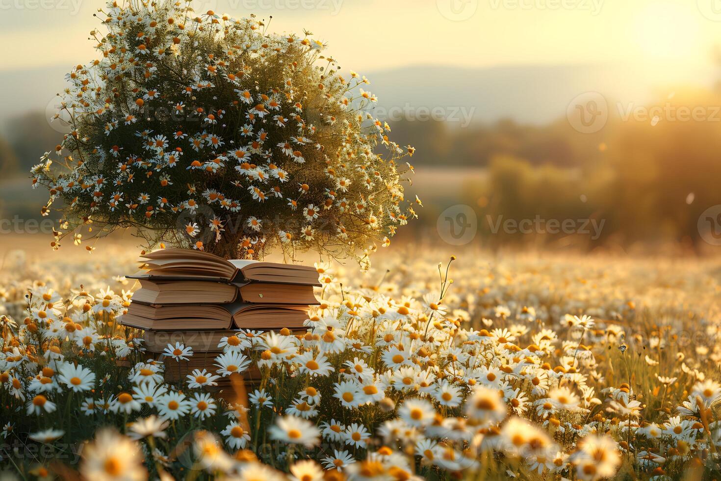 Books and Daisies in Blooming Field at Sunset for Relaxation and Inspiration photo