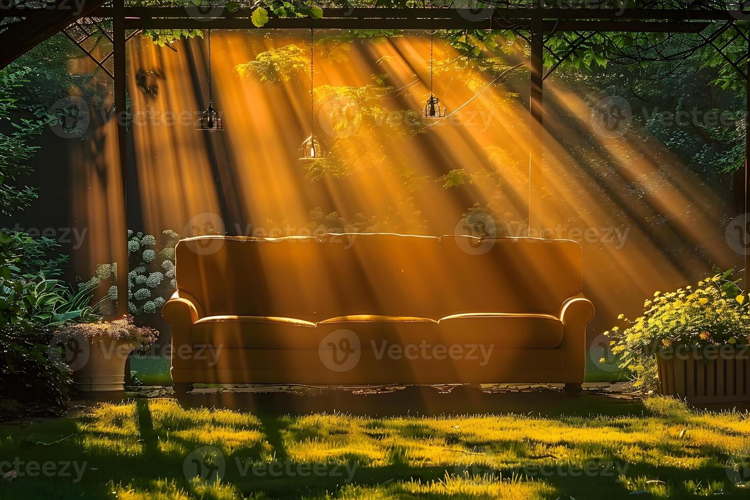 Sunlit Garden Retreat Tranquil Couch in Golden Rays for Summer Relaxation Design photo