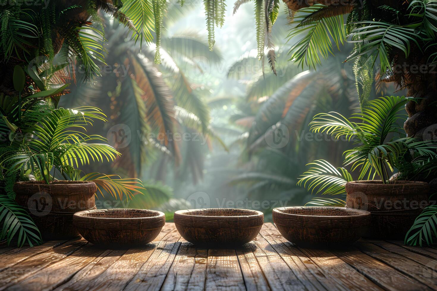 Tropical Retreat with Wooden Bowls in Lush Jungle Setting for Natural Decor photo