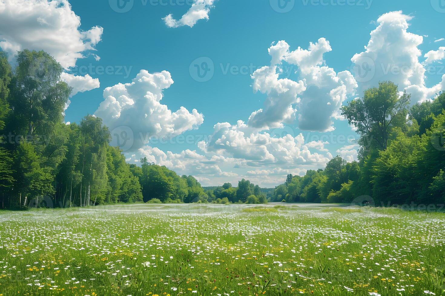 Verdant Summer Landscape with Wildflower Meadow and Fluffy Clouds for Nature Print Design photo