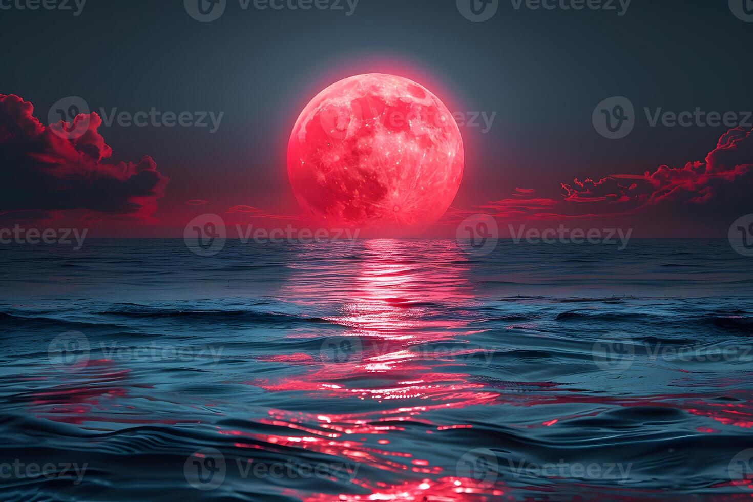 Dramatic Red Moon Reflecting Over Tranquil Ocean Waves at Night photo