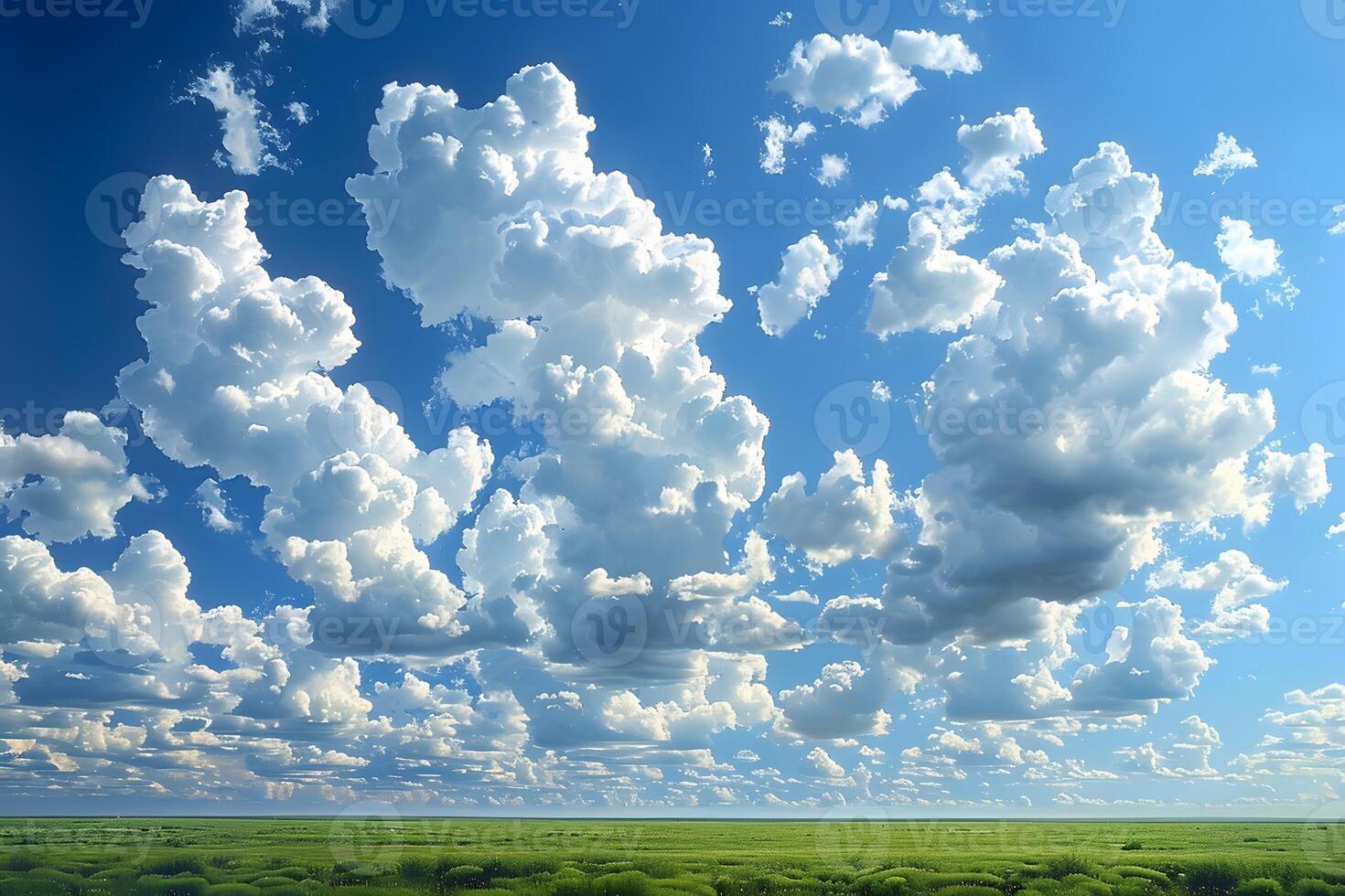 Majestic Clouds in a Clear Blue Sky Over a Vast Green Field photo