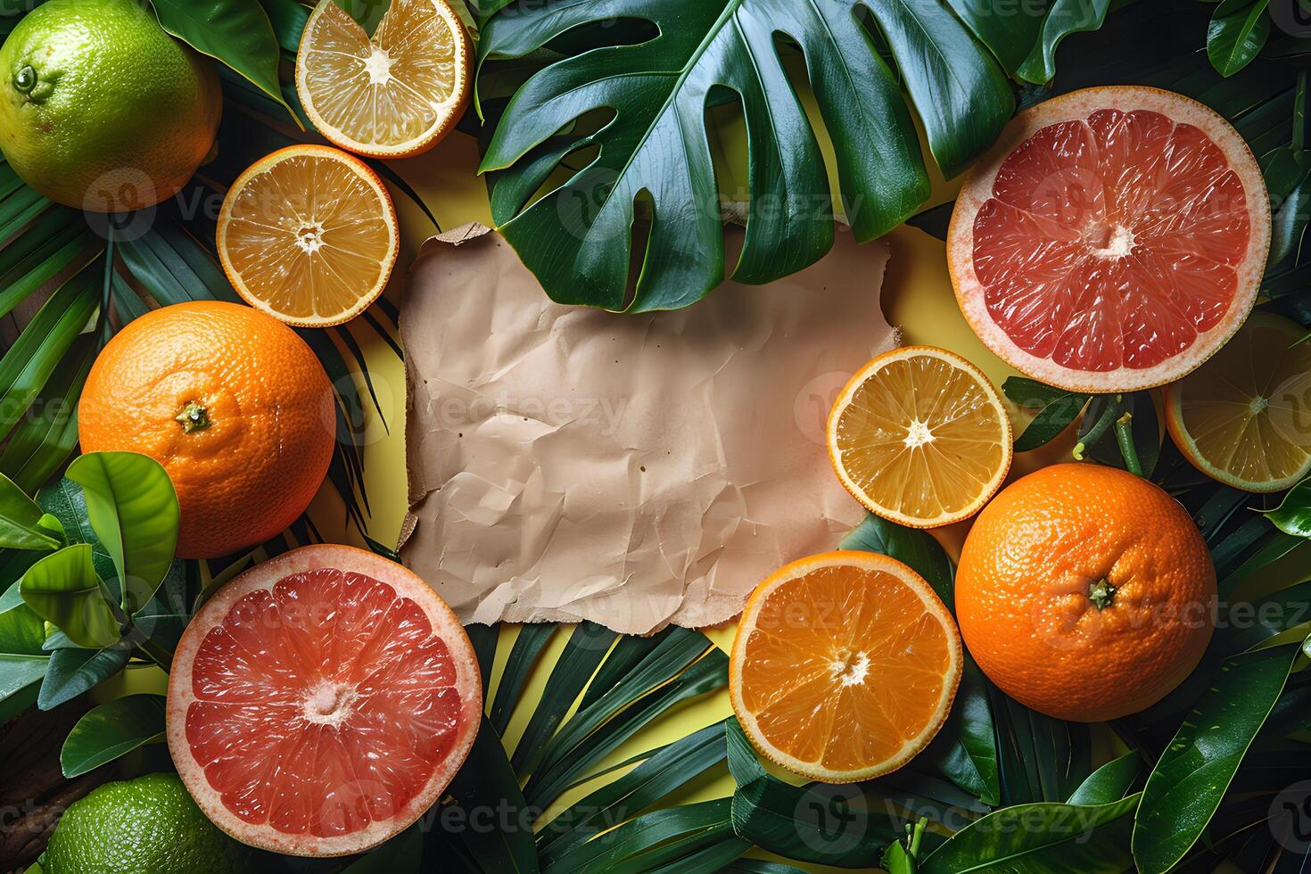 Tropical Fruit Arrangement with Citrus and Monstera Leaves for Natural Design photo