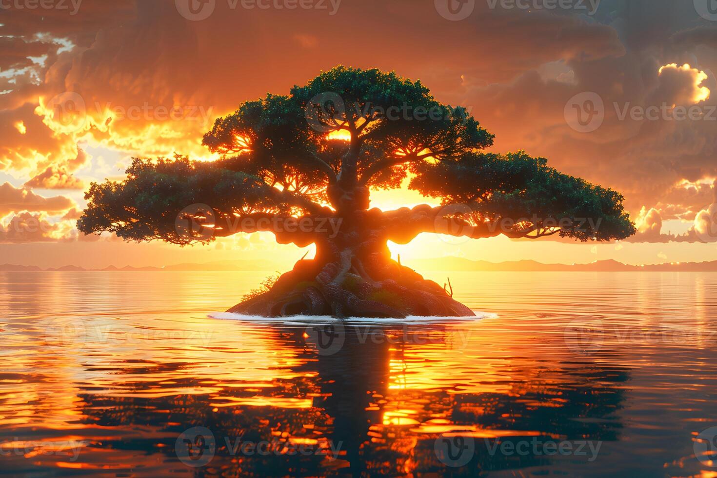 Serene Sunset Over Tree Island Tranquil Nature Scene for Meditation and Relaxation photo