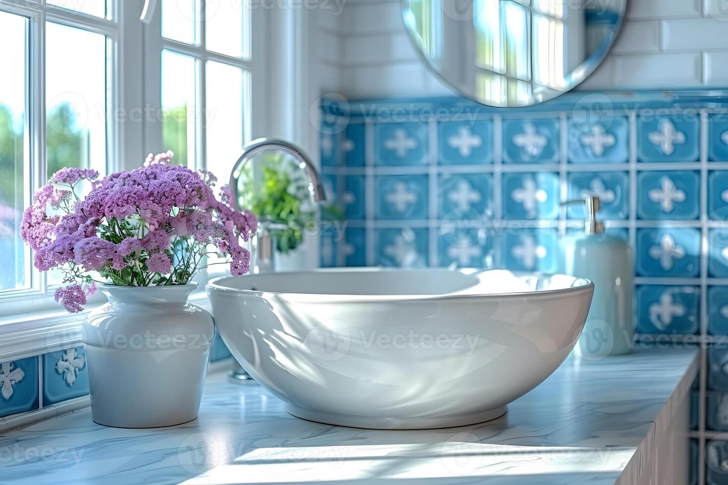 Elegant Bathroom Interior with Floral Decor and Blue Tile Accents photo
