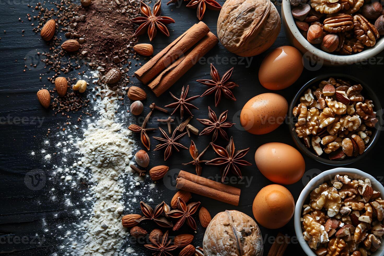 Rustic Baking Ingredients with Nuts, Spices, and Eggs for Holiday Recipes photo