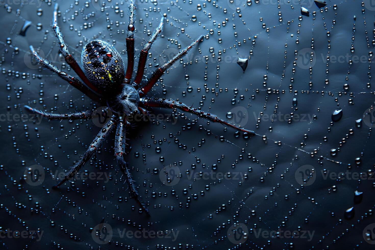 Macro View of Spider on Dew-Kissed Web in Dark Moody Setting for Nature and Wildlife Photography photo