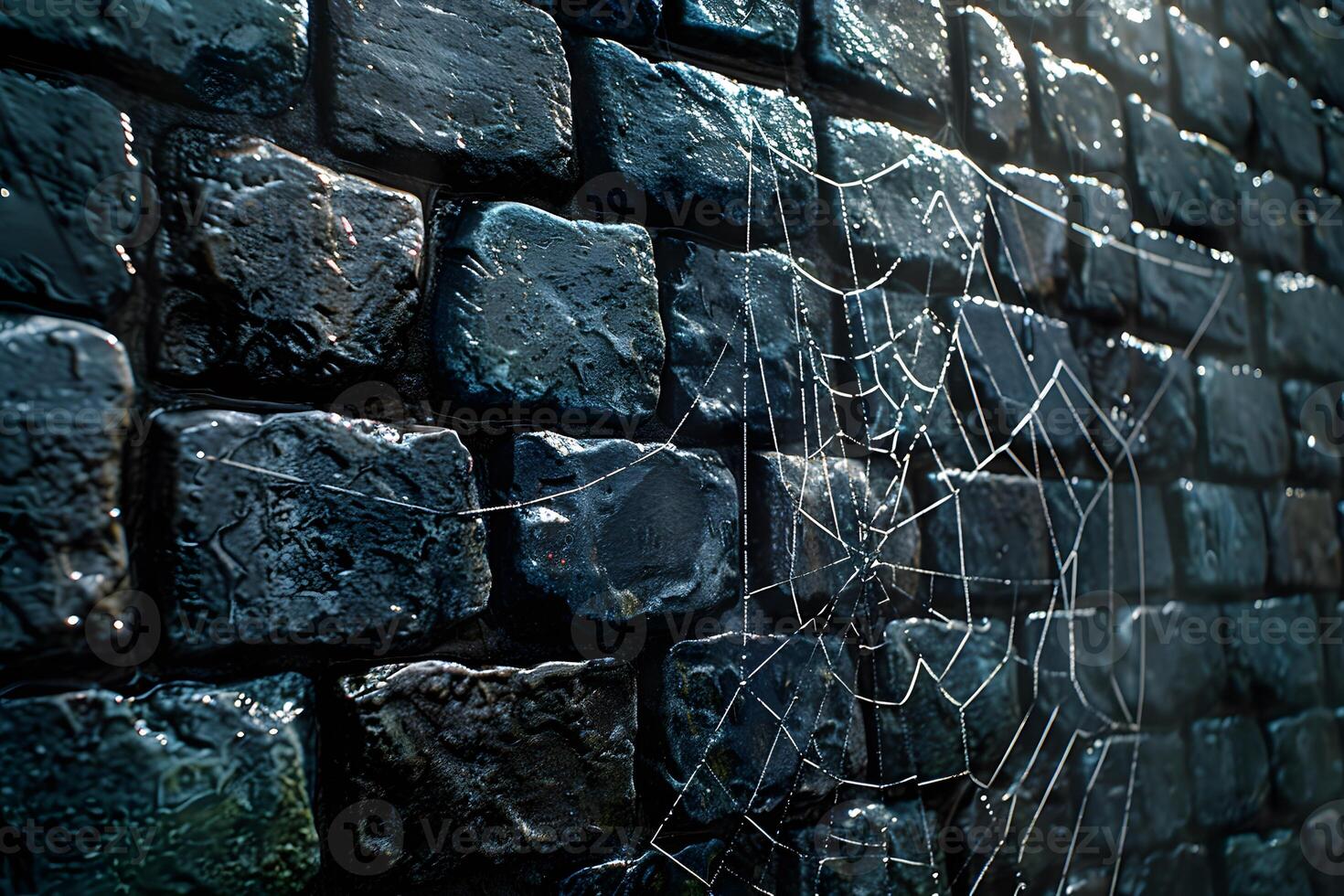 Moody Cobblestone Wall with Intricate Spider Web for Dramatic Background Design photo