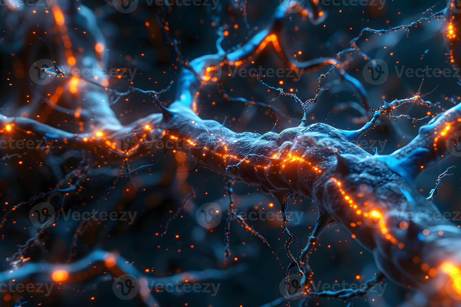 Glowing Neural Network Analysis Futuristic Concept in Blue and Orange photo