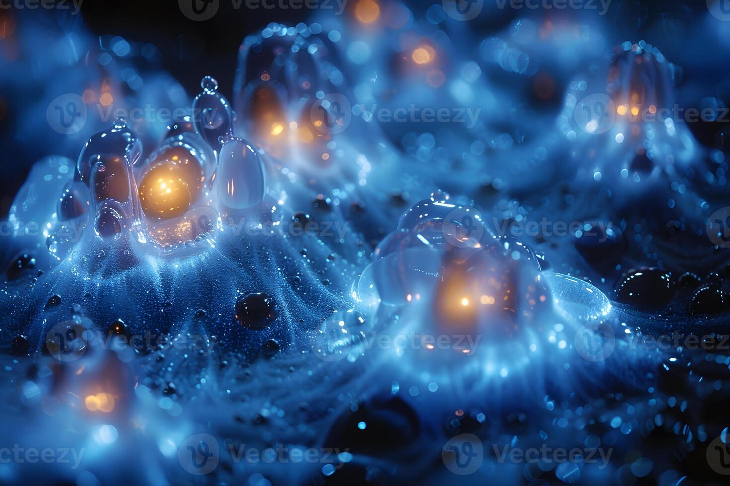 Futuristic Bioluminescent Landscape with Abstract Glowing Bubbles photo