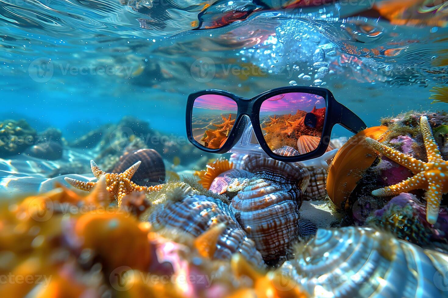 Tropical Underwater Scene with Starfish and Sunglasses Reflections photo