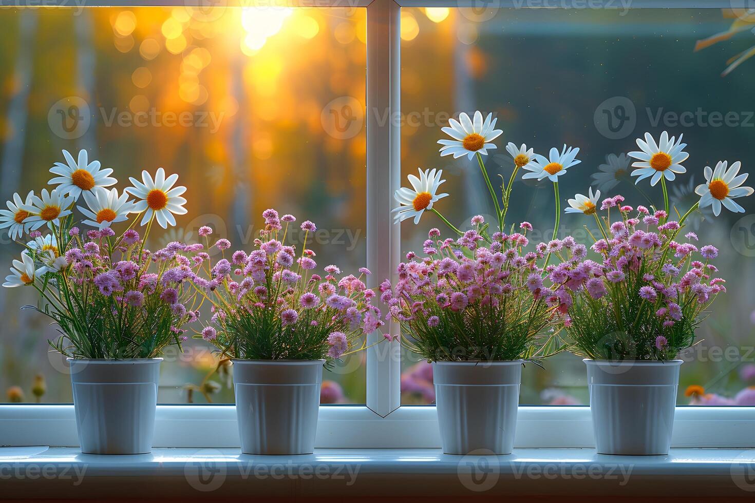 Sunlit Window Sill with Daisies and Pink Flowers for Spring Decor and Relaxation photo