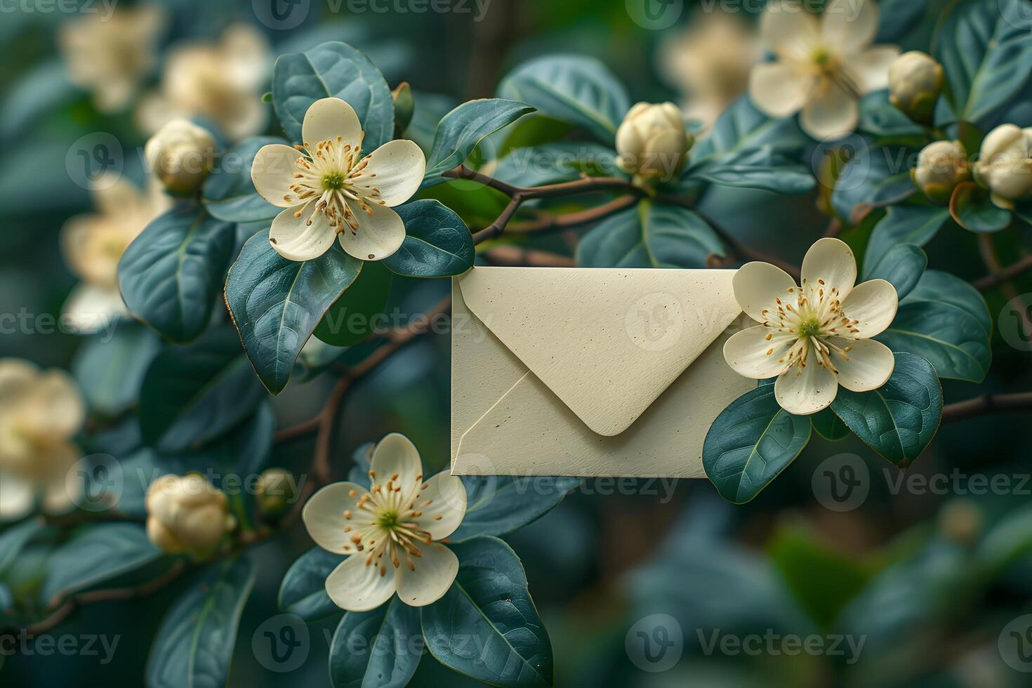 Floral Invitation Concept with Blossoming White Flowers and Leafy Background photo
