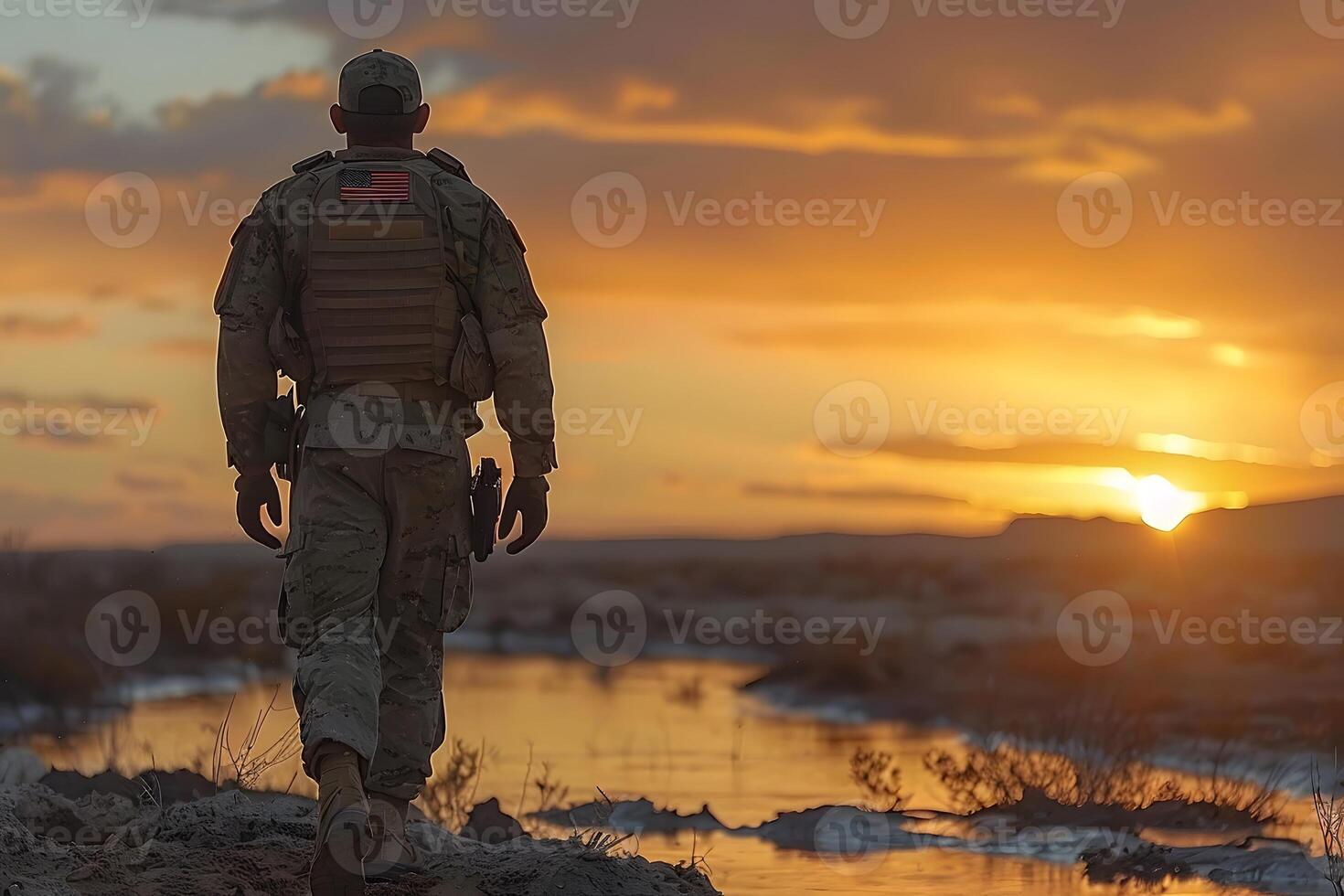 Solitary Soldier Walking at Sunset Near Scenic River Landscape photo