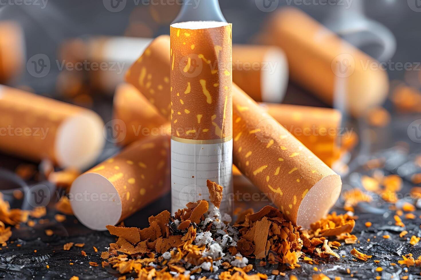 Close-Up of Cigarettes and Tobacco Leaves Smoking Addiction Concept for Health and Awareness photo