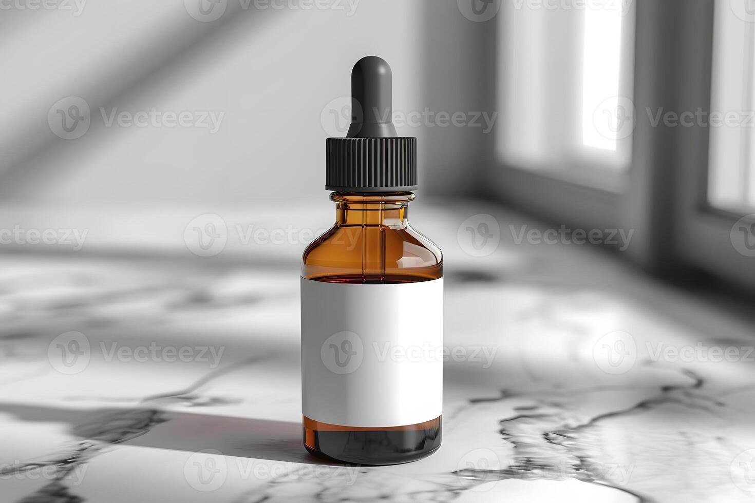 Minimalist Amber Glass Dropper Bottle on Marble Surface for Branding and Design photo