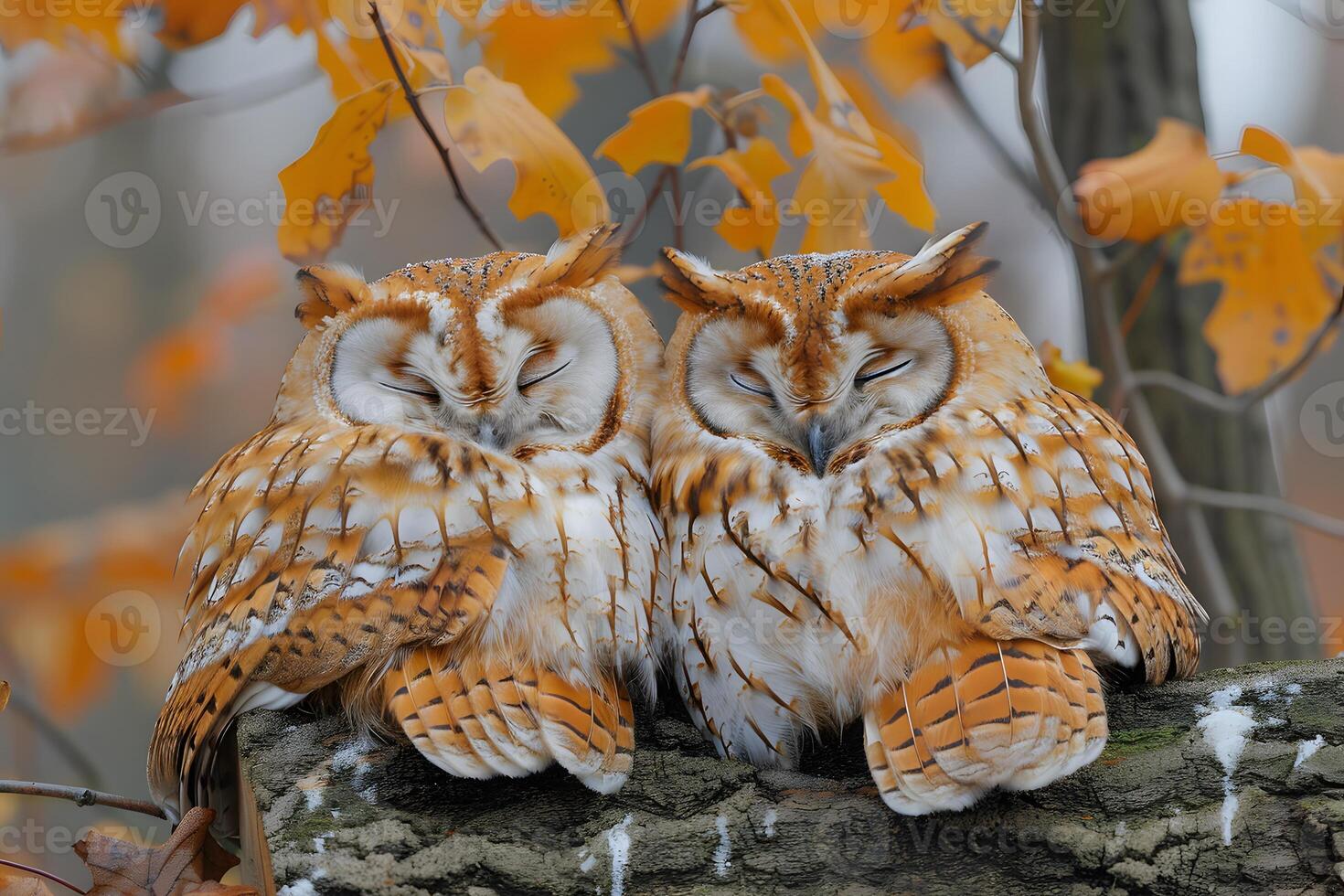 Cozy Autumn Owls Resting Amidst Colorful Fall Foliage for Nature-Themed Design photo