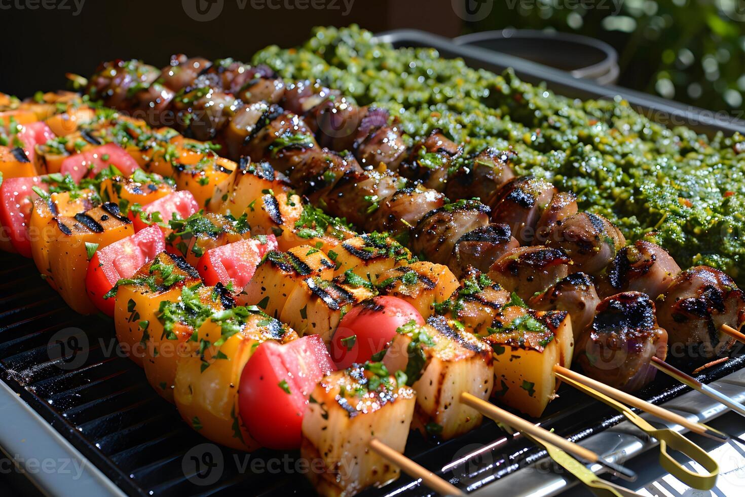 Grilled Vegetable and Meat Skewers with Fresh Herbs for Summer BBQ photo