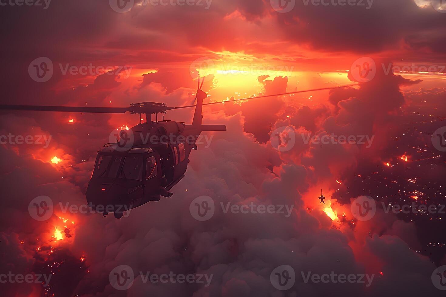Helicopter in Dramatic Fiery Sky at Sunset - Aviation and Adventure Concept for Dynamic Visuals photo