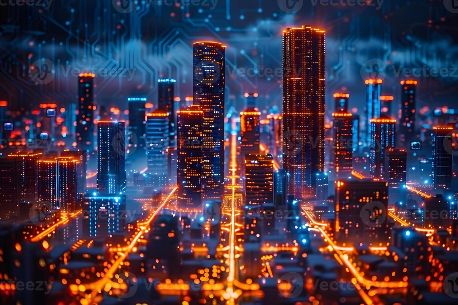 Futuristic Cyberpunk Cityscape with Neon Lights for Digital Design and Tech Projects photo