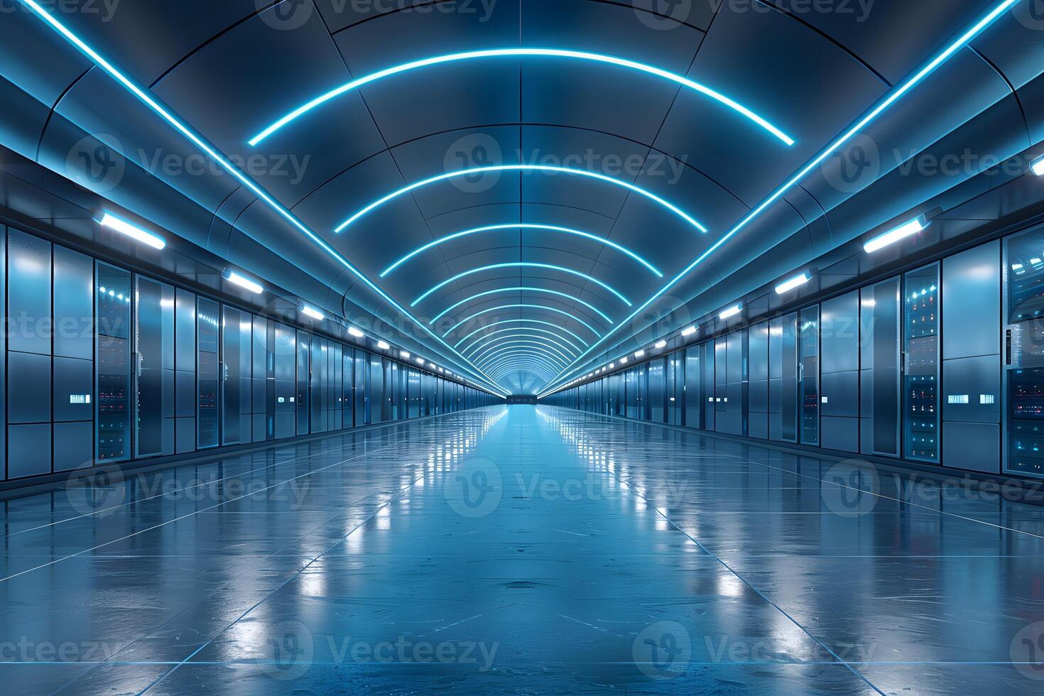Futuristic Data Center Tunnel with Neon Blue Lighting for Technology Design photo