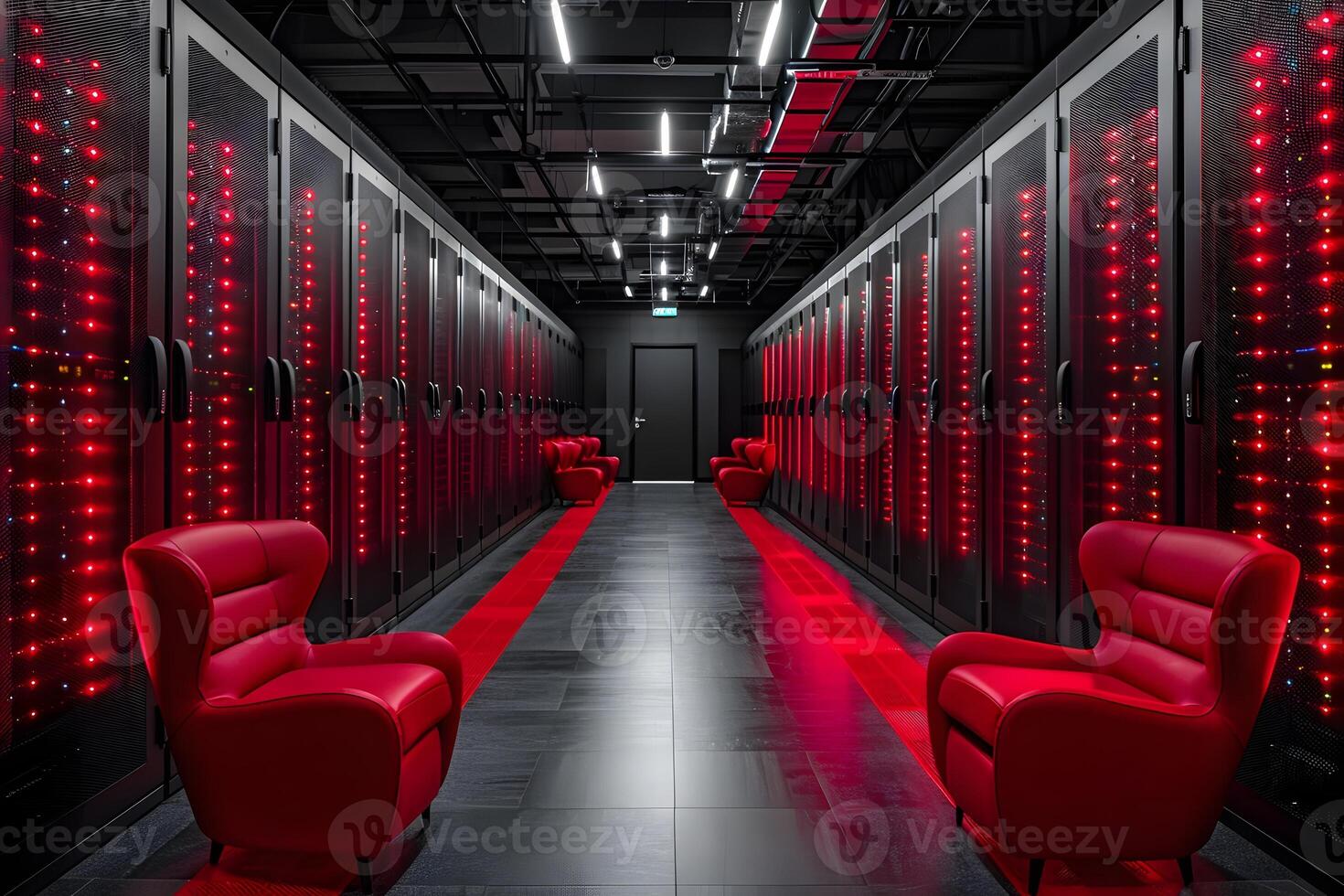 High-Tech Data Center Server Room with Red Lit Racks and Modern Design photo
