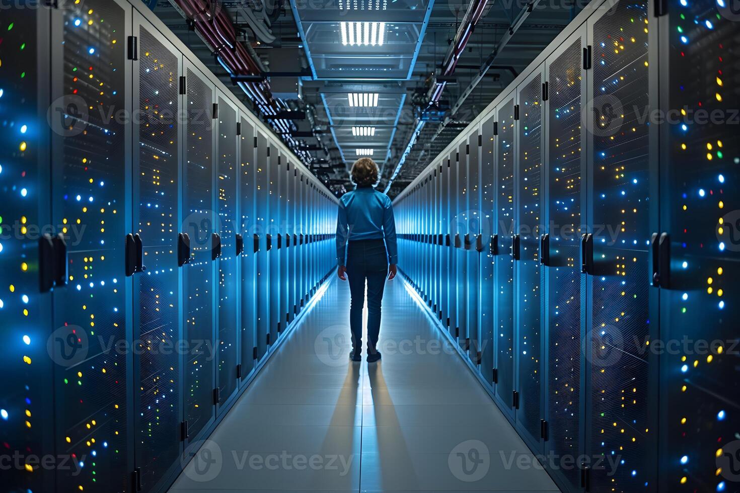 Modern Data Center with Server Racks and Technician in Blue Light photo