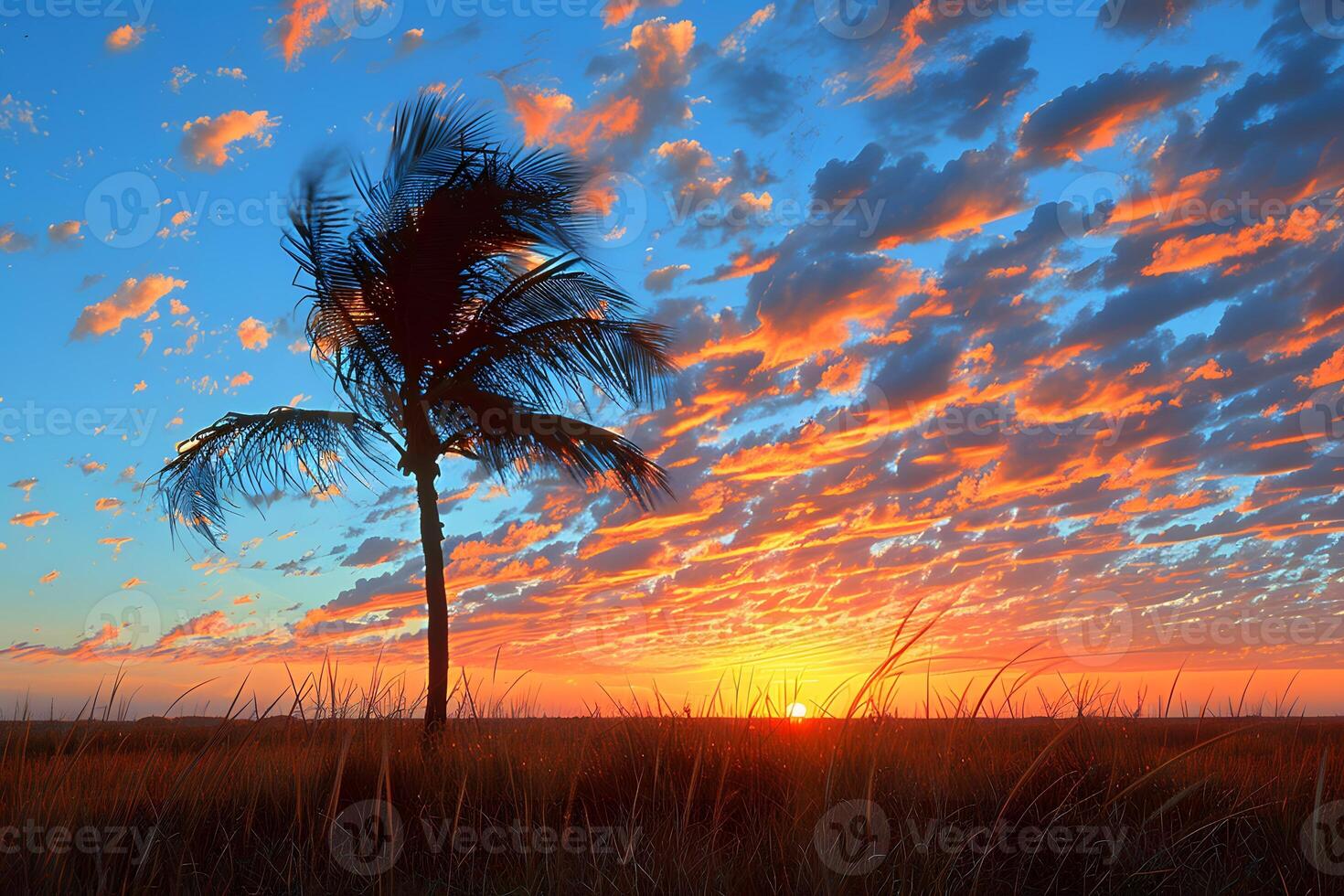 Scenic Tropical Sunset with Palm Tree Silhouette in Vibrant Sky photo