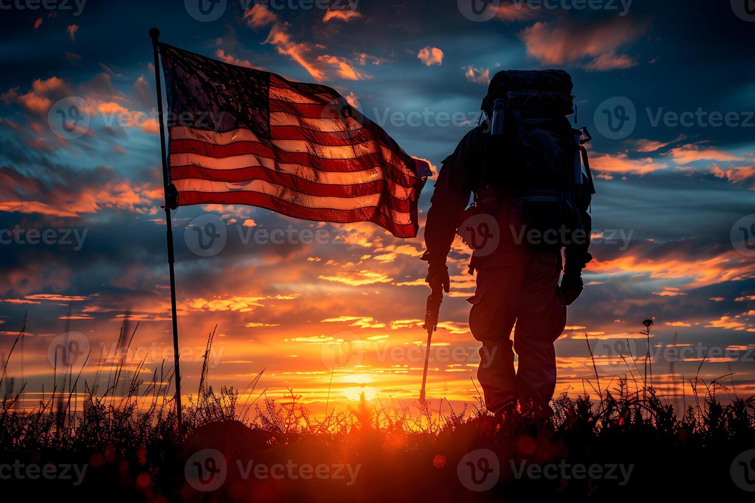 Patriotic Hiker Watching Sunrise with American Flag in Nature photo