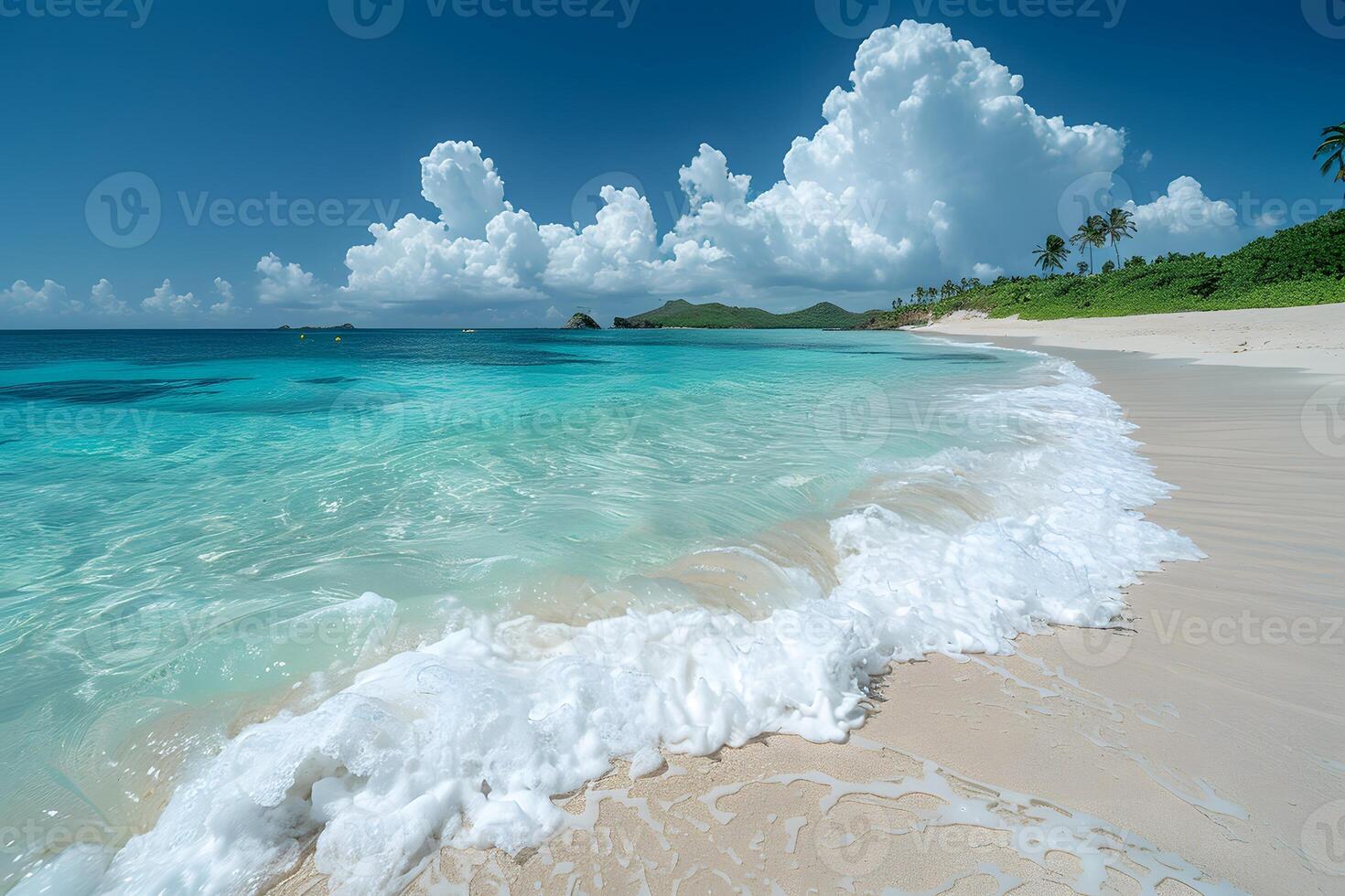Tropical Beach Paradise with Clear Turquoise Waters under Blue Sky photo