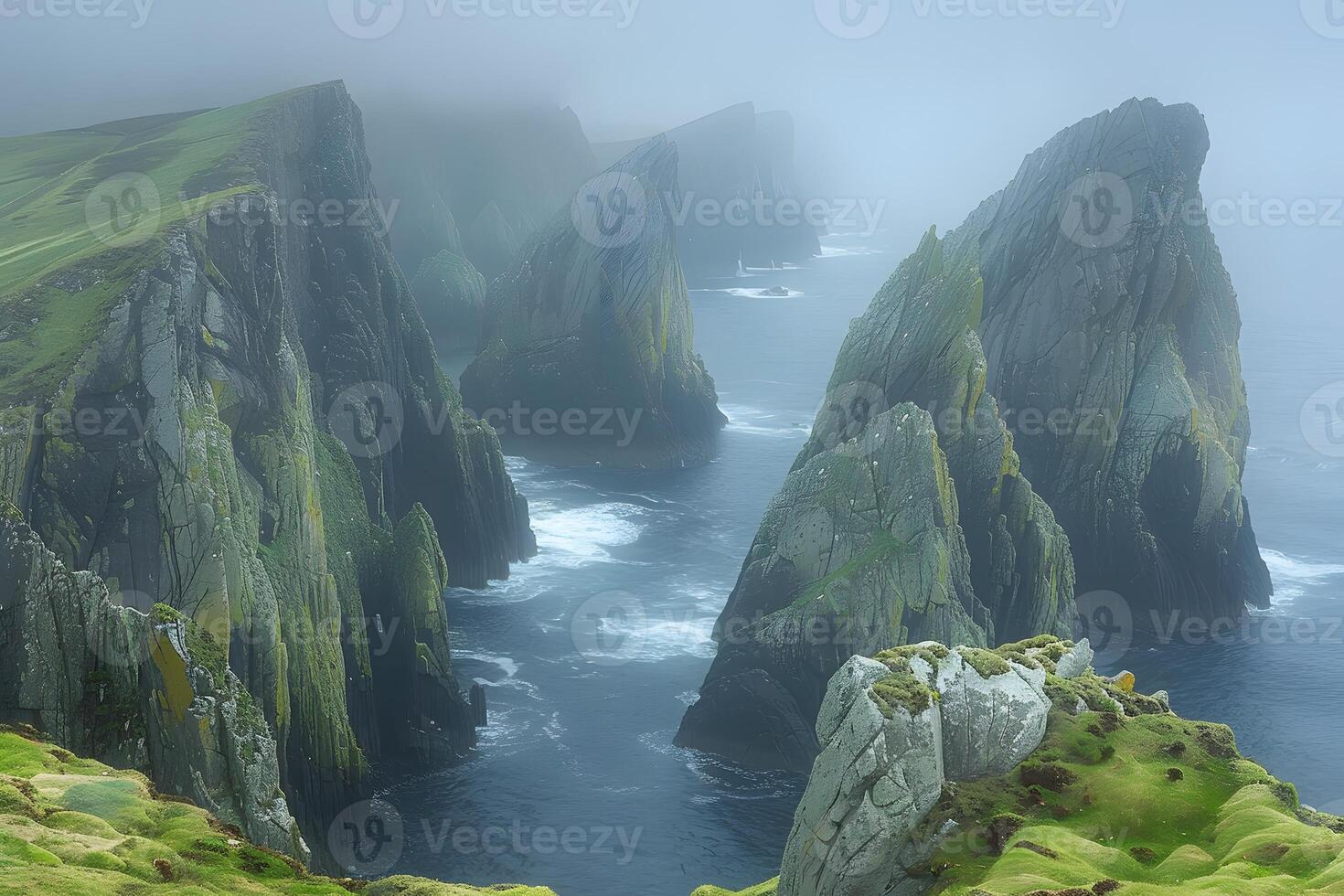 Misty Coastal Cliffs and Rugged Sea Stacks A Serene Landscape for Nature Enthusiasts and Travel Inspiration photo
